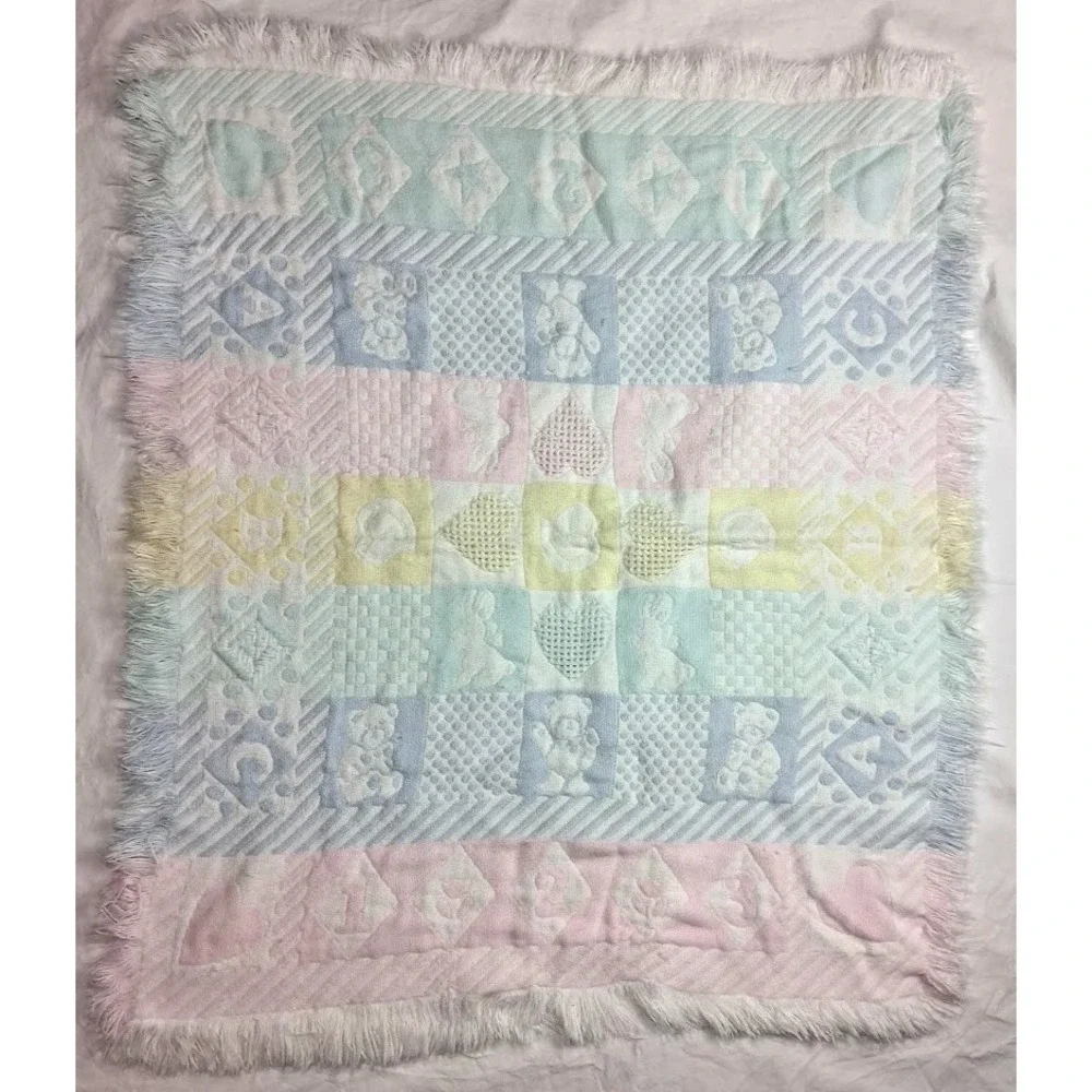 Vtg Pastel Tapestry Baby Blanket Fringe Pink Blue Yellow Green Bear 1 2 3 A B C